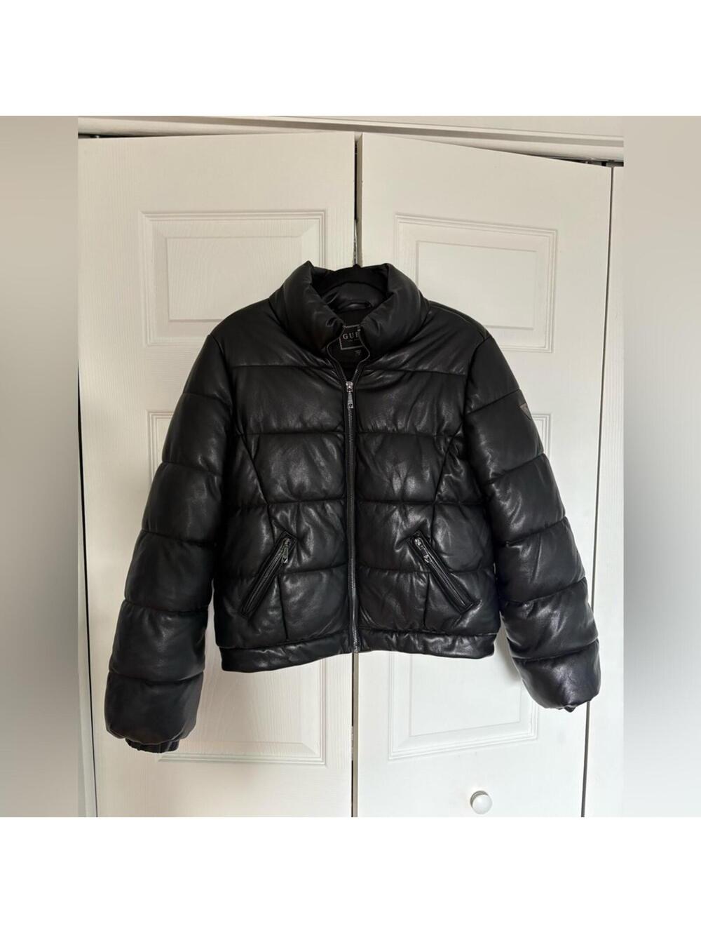 Guess Faux Leather Black Puffer Jacket